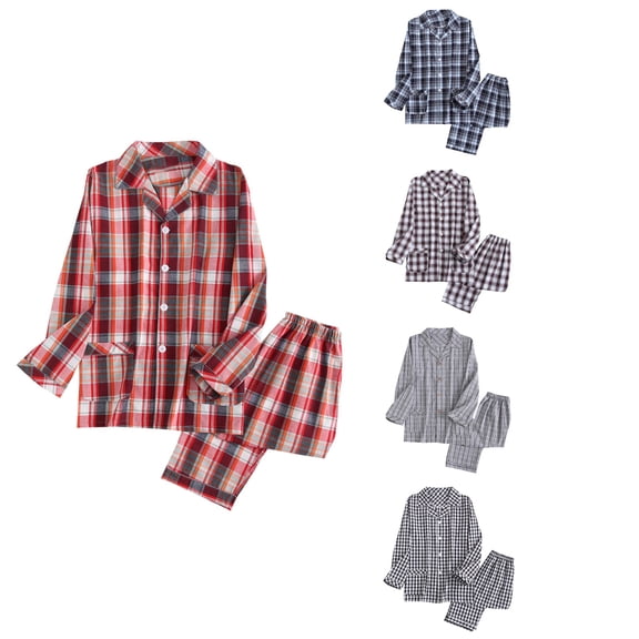 Antinious Man Check Solid Soft Collared Long Sleeve Tops Long Pants Warm Classic Versatile Pajamas Set