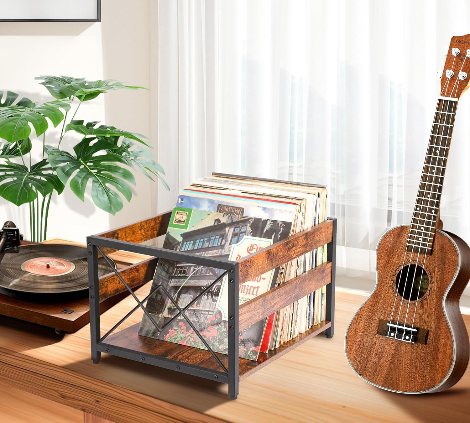 Y&M Vinyl Record Storage Crate, Wooden Storage Box, Classic Cube CD Albums Shelf Holder Organizer, Holds Up to 100+ Records, Magazine Rack for Desktop, Home, Office, Brown