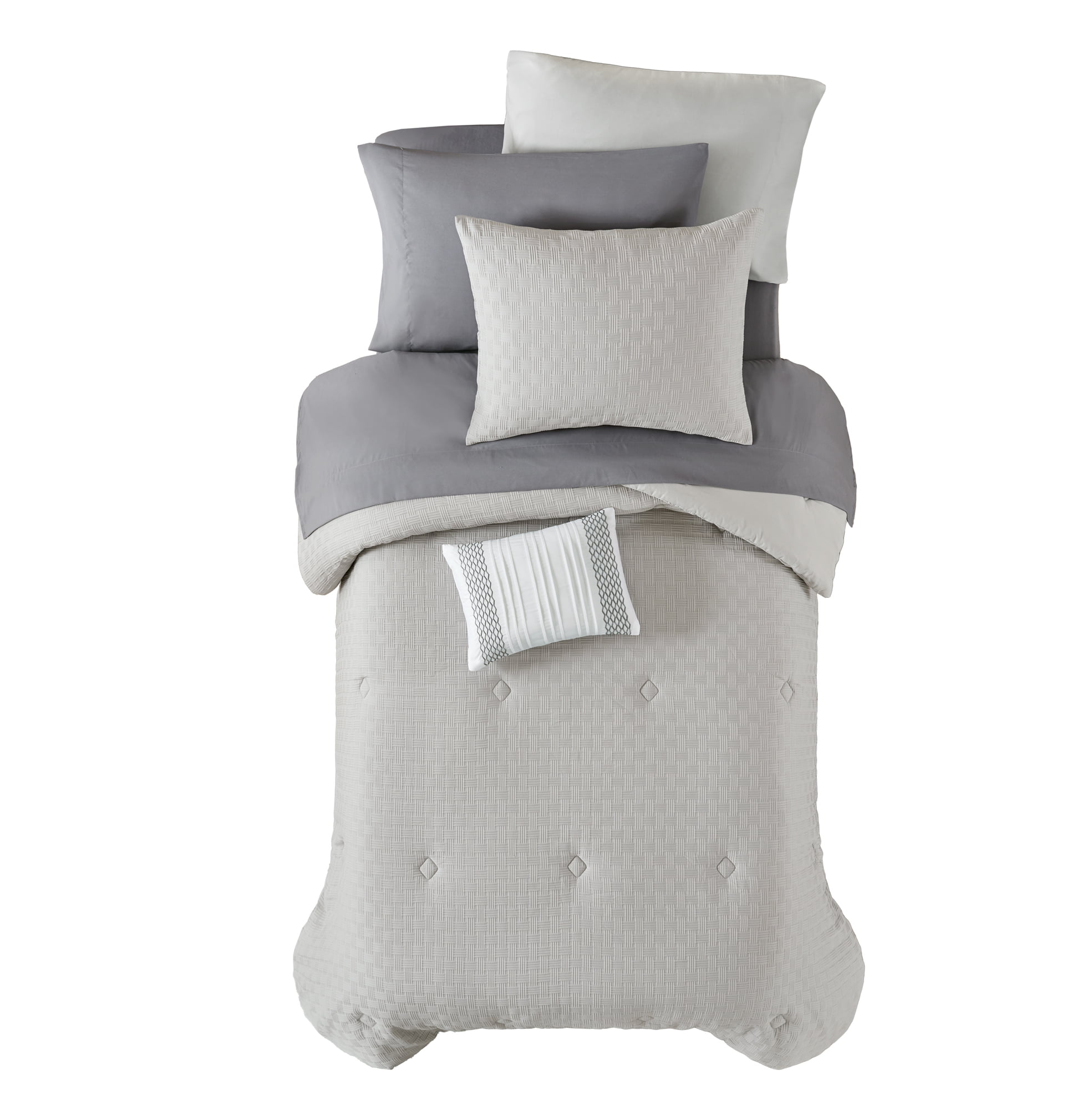 Mainstays 8-Piece Bed in a Bag Comforter Set with Sheets, Grey Basketweave, Twin/TwinXL