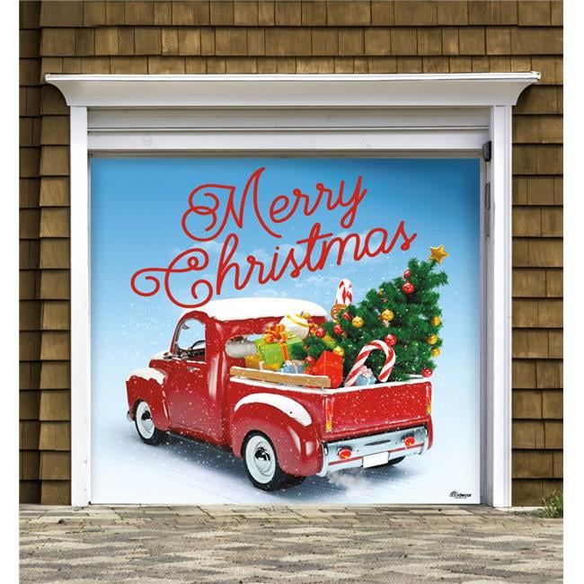 My Door Decor 285903XMAS-028 7 x 8 ft. Red Truck Christmas Christmas Door Mural Sign Car Garage 