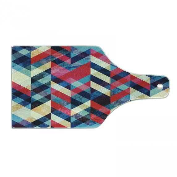 Chevron Cutting Board, Zigzag Pattern Downward Parallel Lines Hipster Bohemian Style Grunge Illustration, Tempered Glass Cutting and Serving Board, Wine Bottle Shape, Multicolor, by Ambesonne