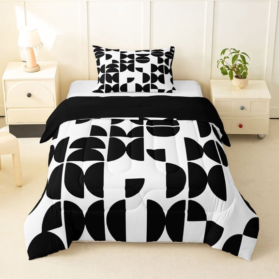 Manfei Mid-Century Geometric Twin Comforter Sets, Black Semicircle Bedding Set, Black White, Black Reversible 2-Piece, 1 Comforter and 1 Pillowcase