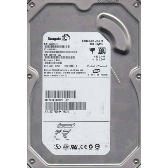 ST3160812AS, 9LS, TK, PN 9BD132-020, FW 3.AHH, Seagate 160GB SATA 3.5 Hard Drive