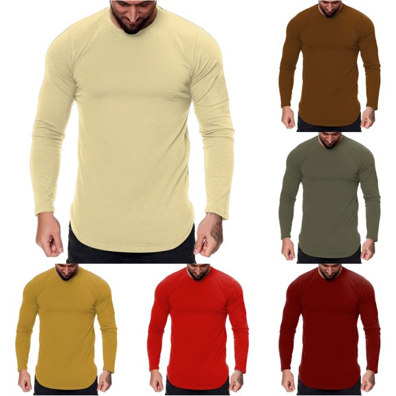 Afdoent Mens Long Sleeve T-Shirt Sports Fitness Solid Color Crew Neck T Shirt Outdoor Curved Hem Top Fashion Casual For Everyday Wear