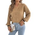 thumbnail image 3 of Women Vintage Knit V-Neck Hollow Contrast Stripe Lantern Long Sleeve Loose Knit Pullover Sweater Khaki L, 3 of 10