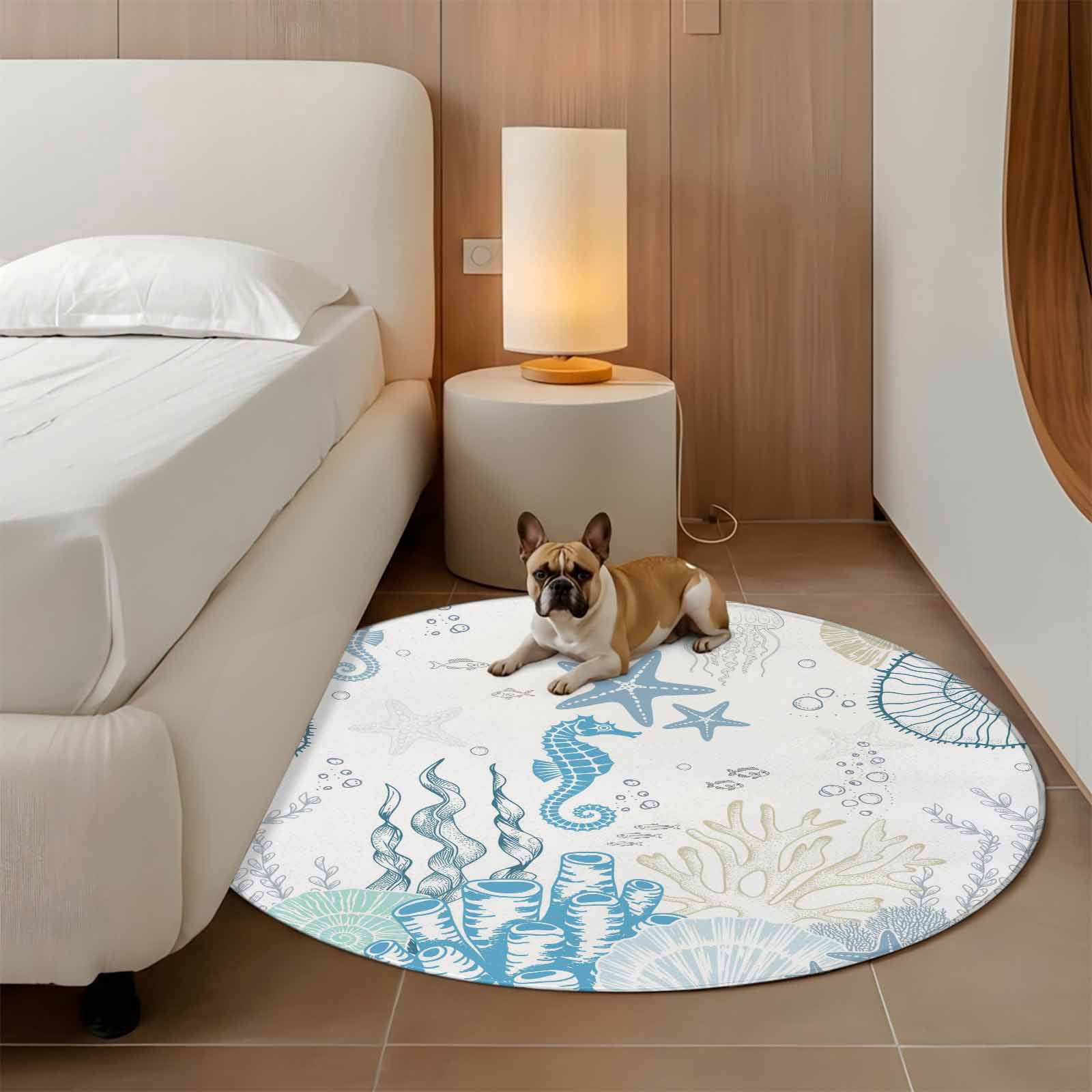 Round Area Rugs Collection 7 Ft, Coastal Blue Non-Slip Residential Carpet, Ocean Coral Starfish Jellyfish Seahorse Indoor Crawling Mats Runner Rugs for Living Room/Dining Room/Bedroom