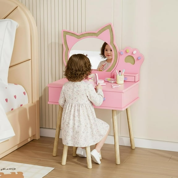 Matladin Kids Vanity with Cat Mirror & Woven Rattan, Storage Drawer, 7 Accessories, Pretend Play Toddler Vanity Set, Makeup Dressing Table for Girls