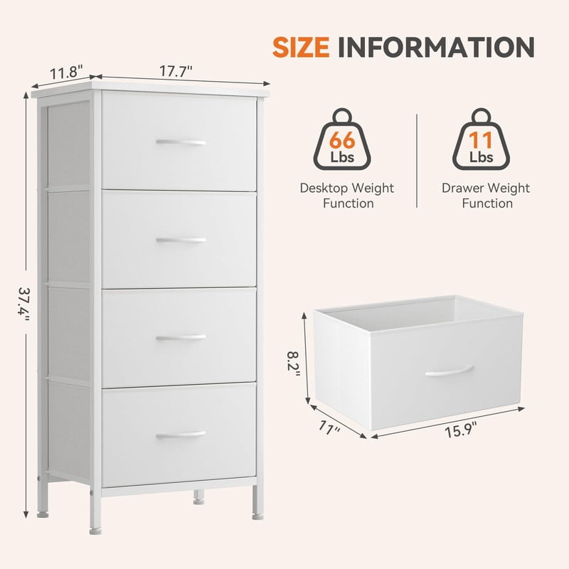 Kelno 4 Drawer Fabric Dresser Steel Frame Storage Chest Organizer with Wood Top, White