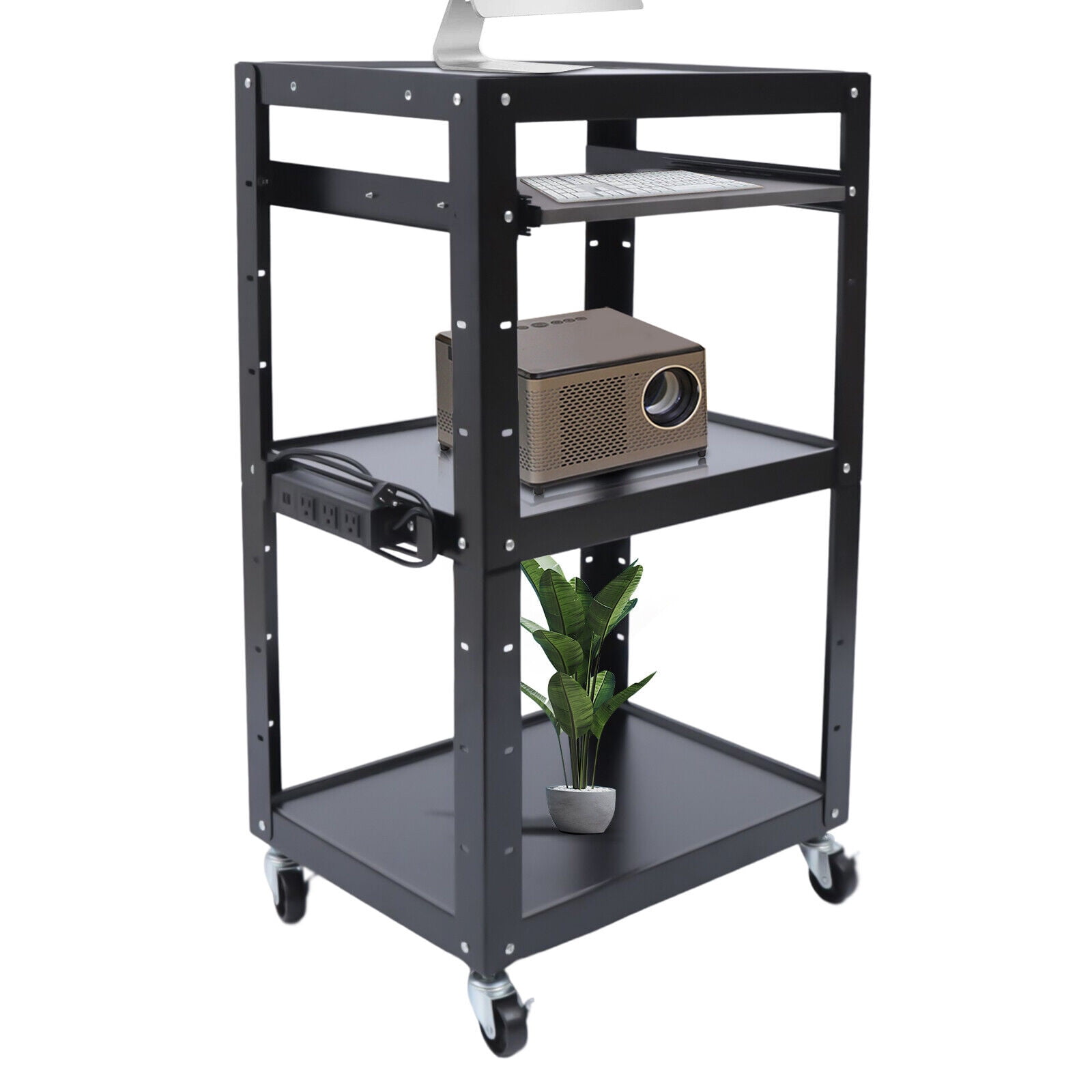 AV Cart on Wheels | Height Adjustable Top Shelf & Pullout Keyboard Tray, Rolling Standing Desk Stand Up Desk, Height Adjustable Home Office Desk with Standing