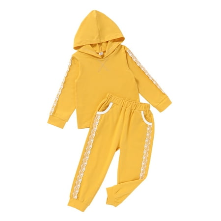 

4T Baby Girl Clothes Long Sleeve Hooded Tops Pants Set Baby Girl Outfits Fall Clothing Outfits Yellow 4-5T Baby Girl Clothes
