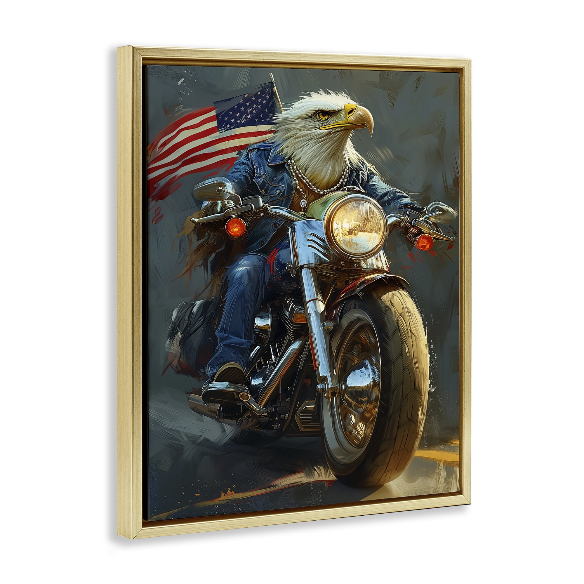 Stupell Industries Patriotic Eagle Motorcycle Transportation Painting Gold Floater Framed Canvas Art Print Wall Art, 17 x 21