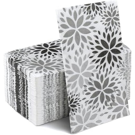 100 Pcs Black & Gray Dahlia Pattern Disposable Napkins Spring Summer Dinner Guest Towels 3 Ply Bathroom Hotel Hand Tissue Paper for Picnic Holiday Birthday Anniversary Party Table Supplies