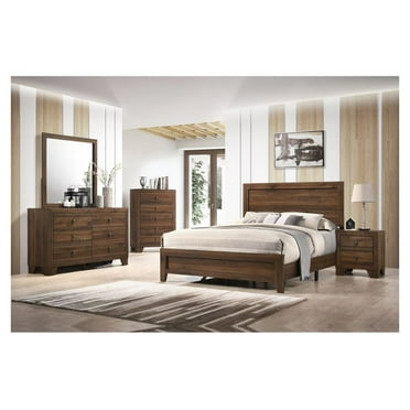 Contemporary 6Pc King Size Panel Bed Dresser Mirror Nightstand Chest Set Wooden Home Bedroom Furniture Cherry Finish