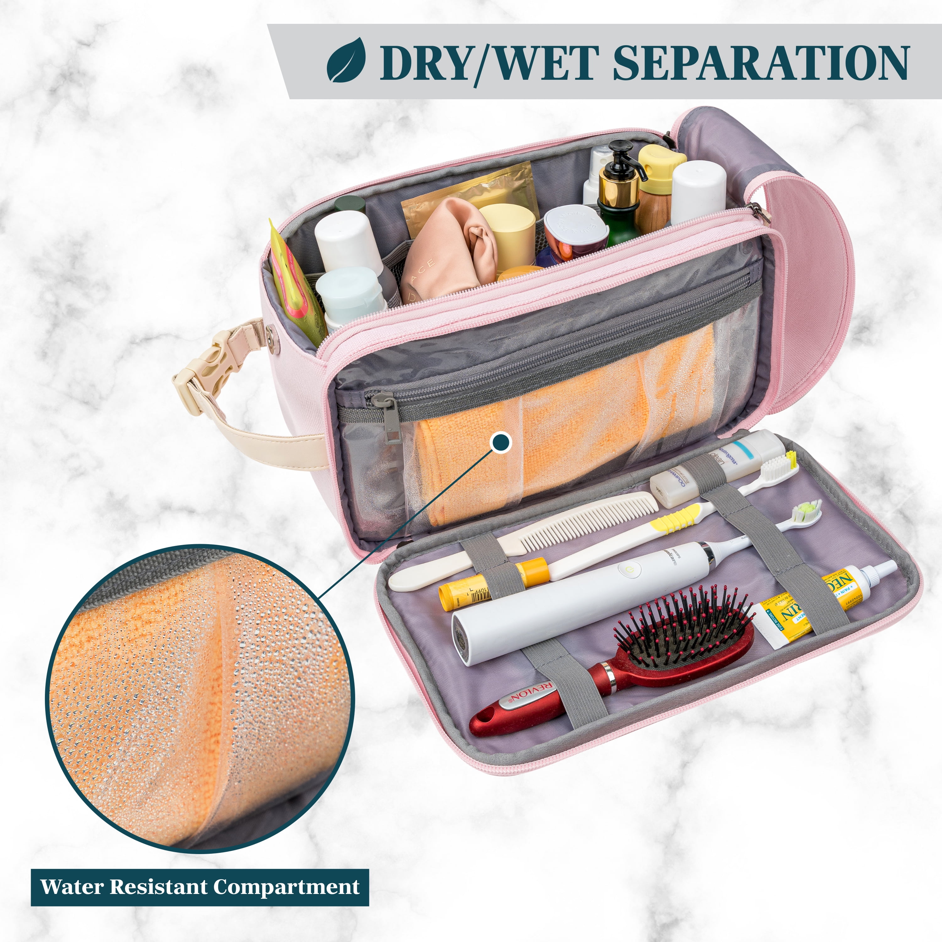 Pavilla Toiletry Bag, Mens Dopp Kit Bag, Canvas Travel Toiletry Bag, Water Resistant Shaving Bathroom Organizer for Travel, Gym, Shower Toiletries Storage for Grooming Accessories (Extra Large, Pink)