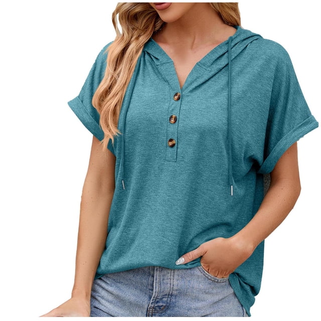 Timegard Womens Summer Tops V-Neck Button Short Sleeve Drawstring Sweatshirts Casual Loose Workout Tops