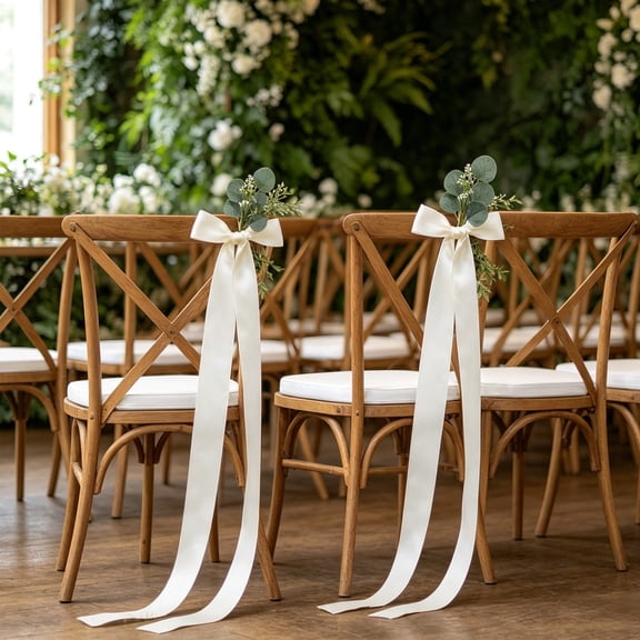 8 Pack Wedding Chair Bow with Artificial Green Leaves, Aisle Hanging Decor for Bridal Shower Ceremony Reception Party, Elegant Satin Bows