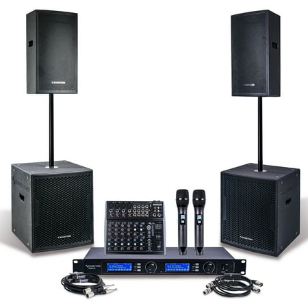 Sound Town Professional PA System Set with 12" Powered PA speakers, 15" Powered Subwoofers, 200-Channel Wireless Microphone System, 12-Channel Audio Mixer and Audio Cables (CARME112115-NESO-S1)