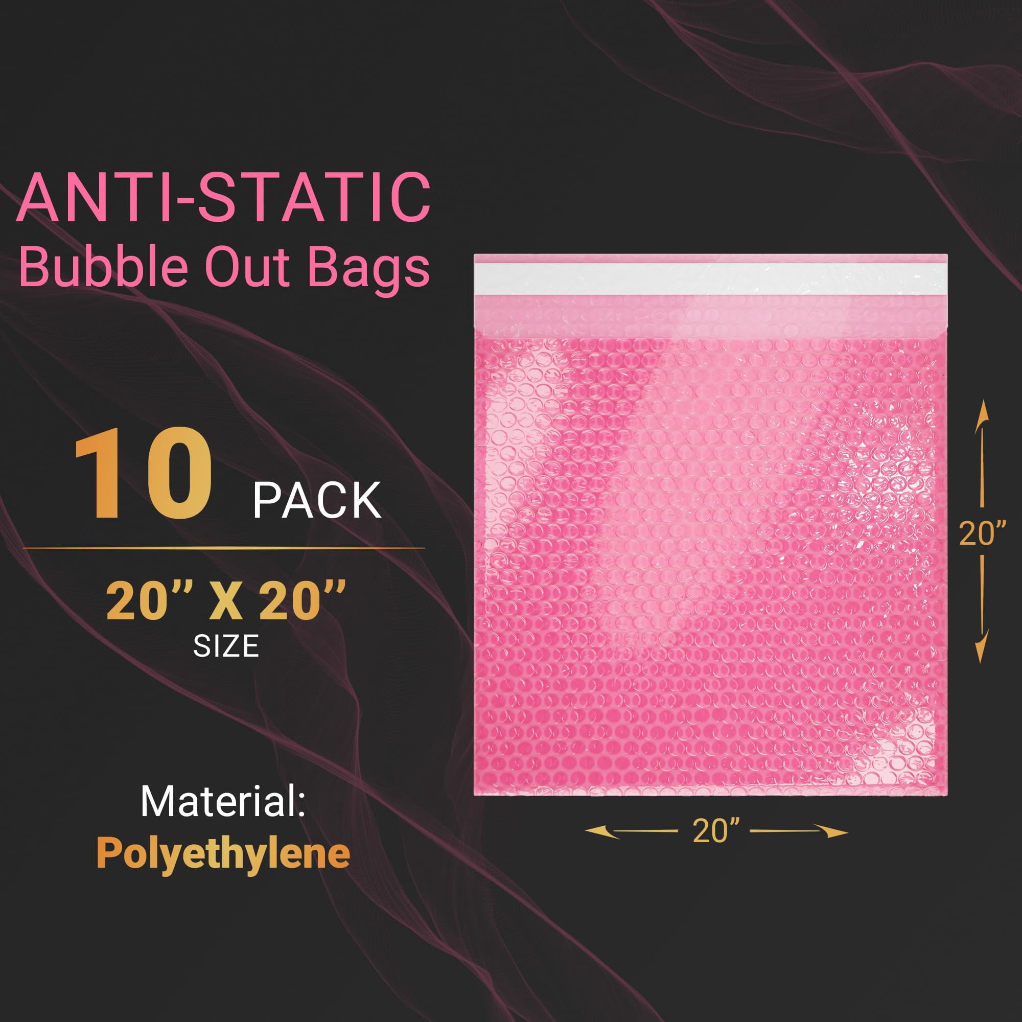 Pink Anti-Static Bubble Bags, Self-Seal ESD Cushioning, 10 Count, 20 x 20 in