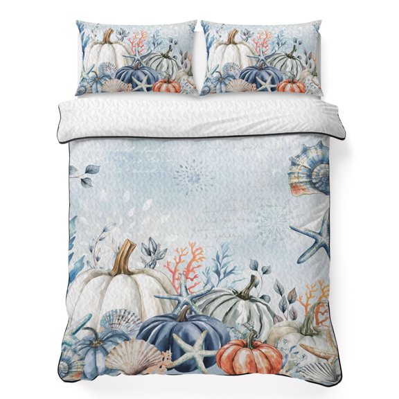 Twin Quilt Bedding Set Thanksgiving Pumpkin Coastal Starfish Coral Lightweight Summer Quilted Coverlet for Hot Sleepers, Ocean Blue Gradient Breathable Soft Cooling Blanket with 2 Pillow Shams