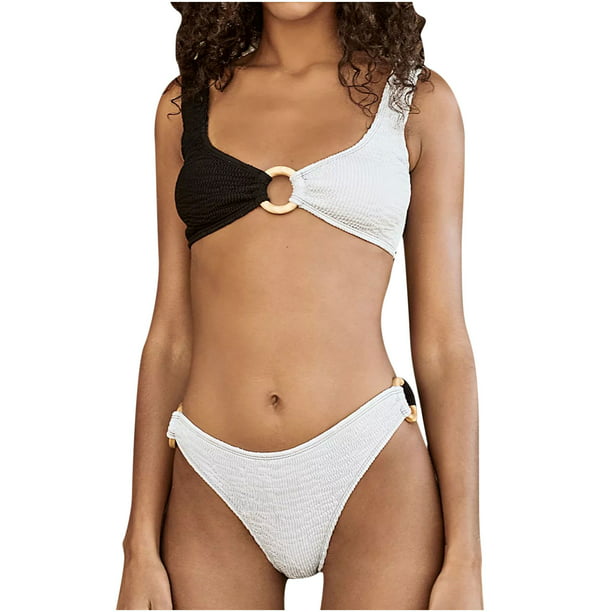 BEFOKA Women's Swimsuit Bikini Women's Two-piece Color Blocking Backless  Sexy Suspender Swimsuit White XL 