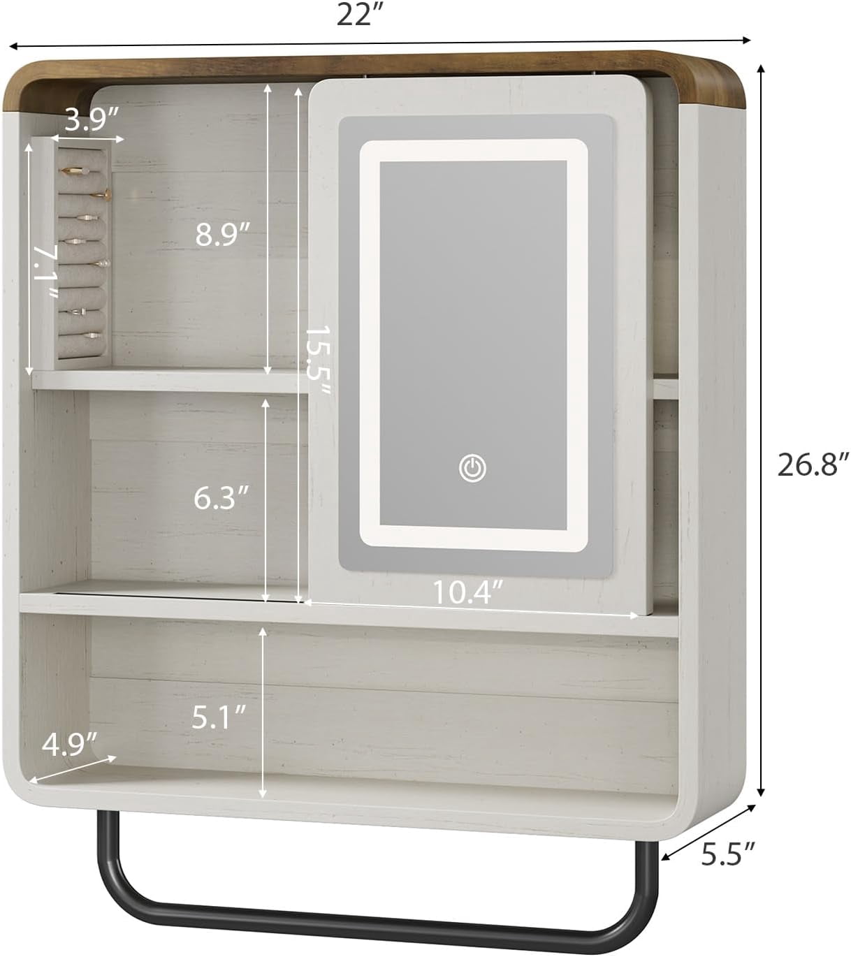 Vecenuy Modern Bathroom Wall Cabinet with Mirror, Medicine Cabinet over Toilet Storage, Towel Bar, Sliding Door, 3 Lighting Modes & Adjustable Brightness, Antique White