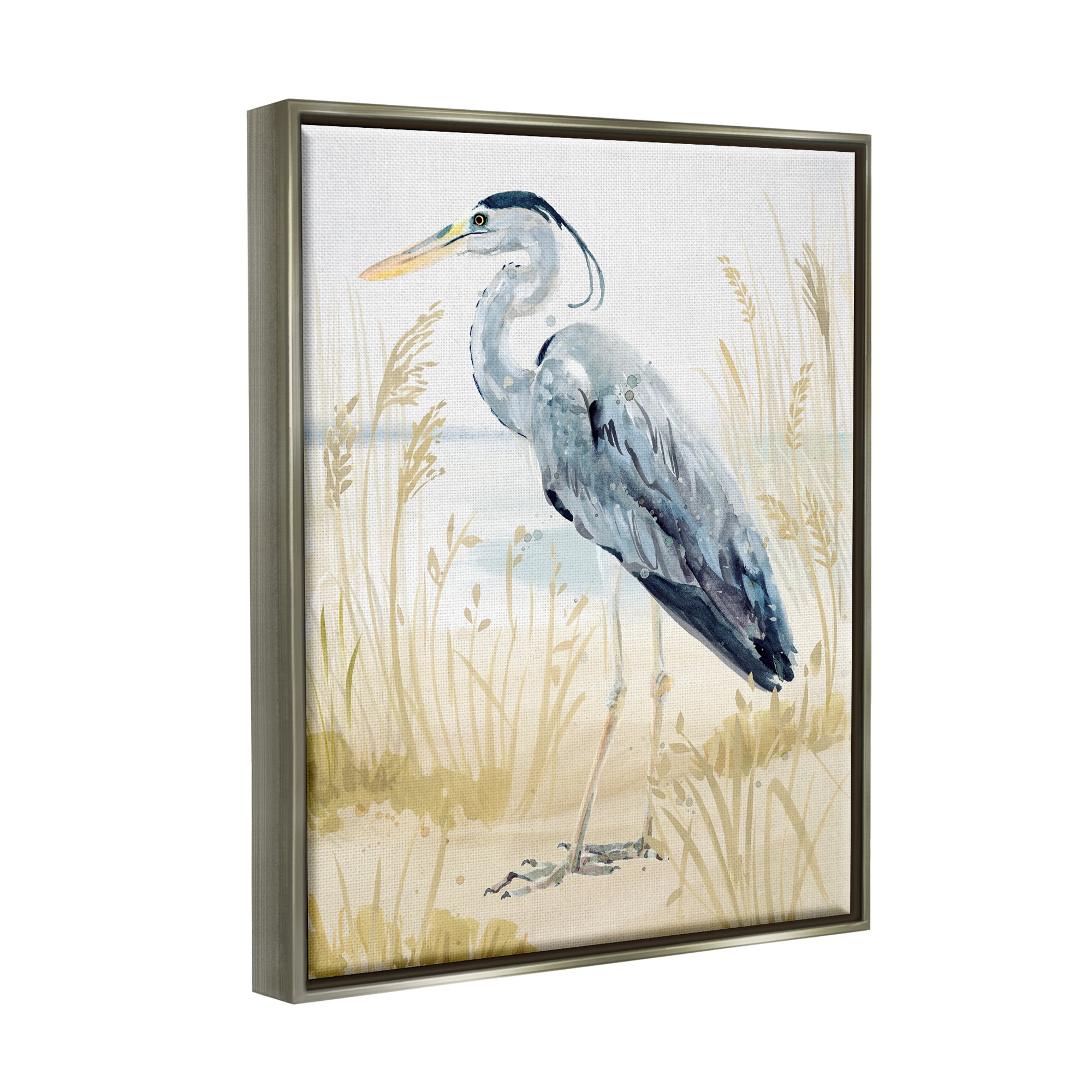 Stupell Industries Heron & Beach Grass Animals & Insects Painting Gray Floater Framed Canvas Art Print Wall Art, 17 x 21