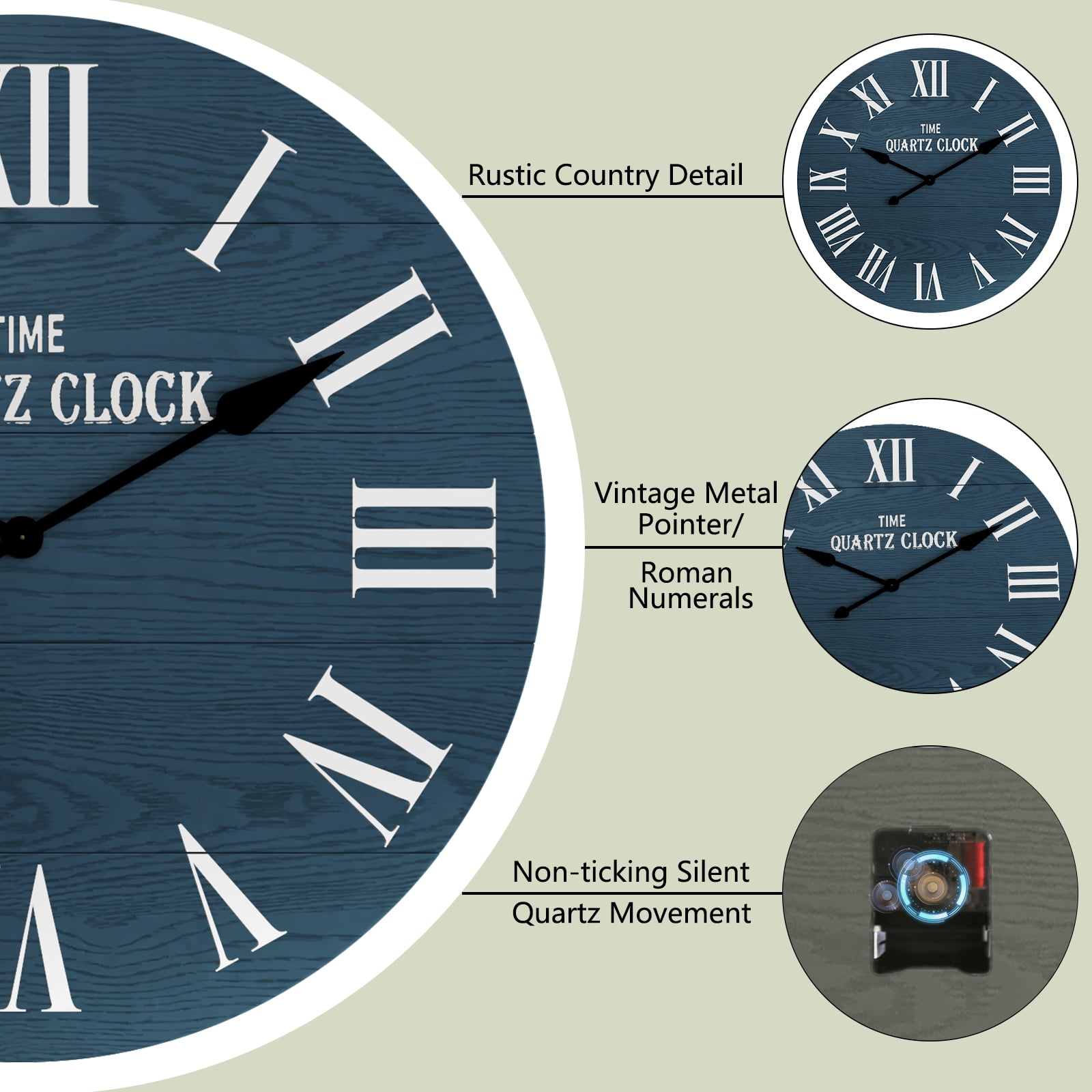 HLR 35.5” Farmhouse Large Shiplap Round Wall Clock with Roman Numeral for Living Room Decor, Navy Blue