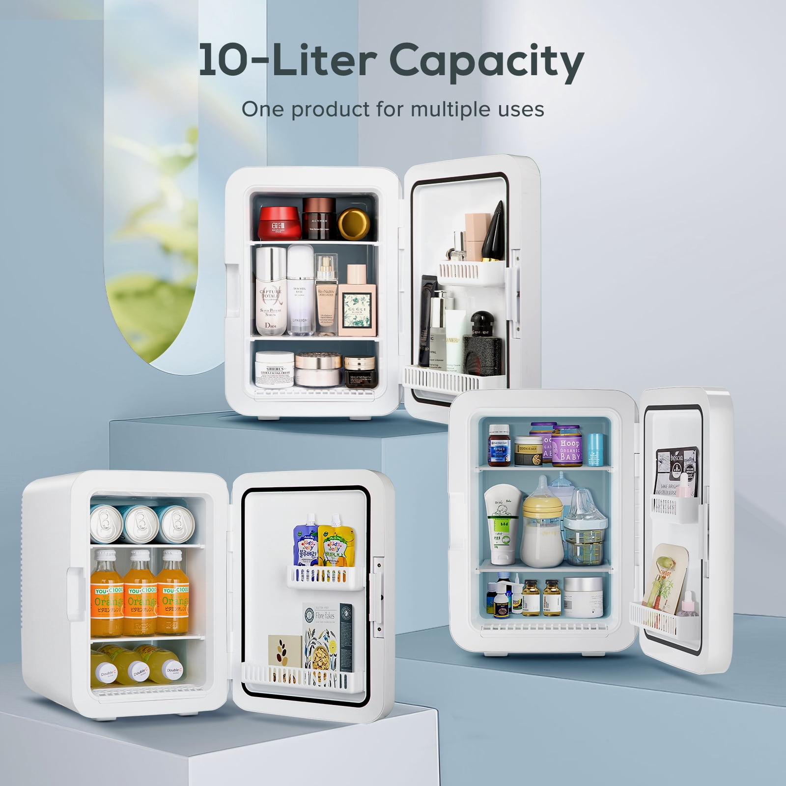 Auseo Mini Fridge for Bedroom, Portable Cooler for Cosmetics, Food & Drinks, Temper Glass Door with Doodle Pen, 12V DC/120V AC, for Skincare, Makeup, Car, Dorm Room, 10 Liter, White
