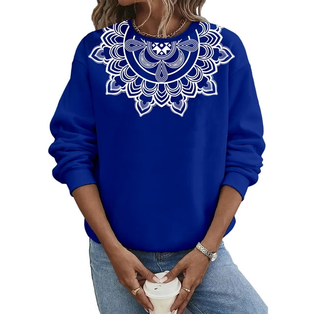 Avamo Femmes Sweat-Shirt Ethnique Imprimé Pull Col Rond T-shirt Coupe en Vrac Hiver Bleu L