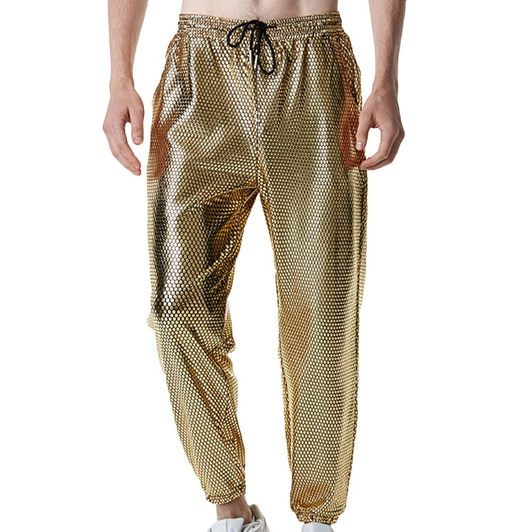 Men's Holographic Club Pants with Pockets Glitter Drawstring Waist Trousers
