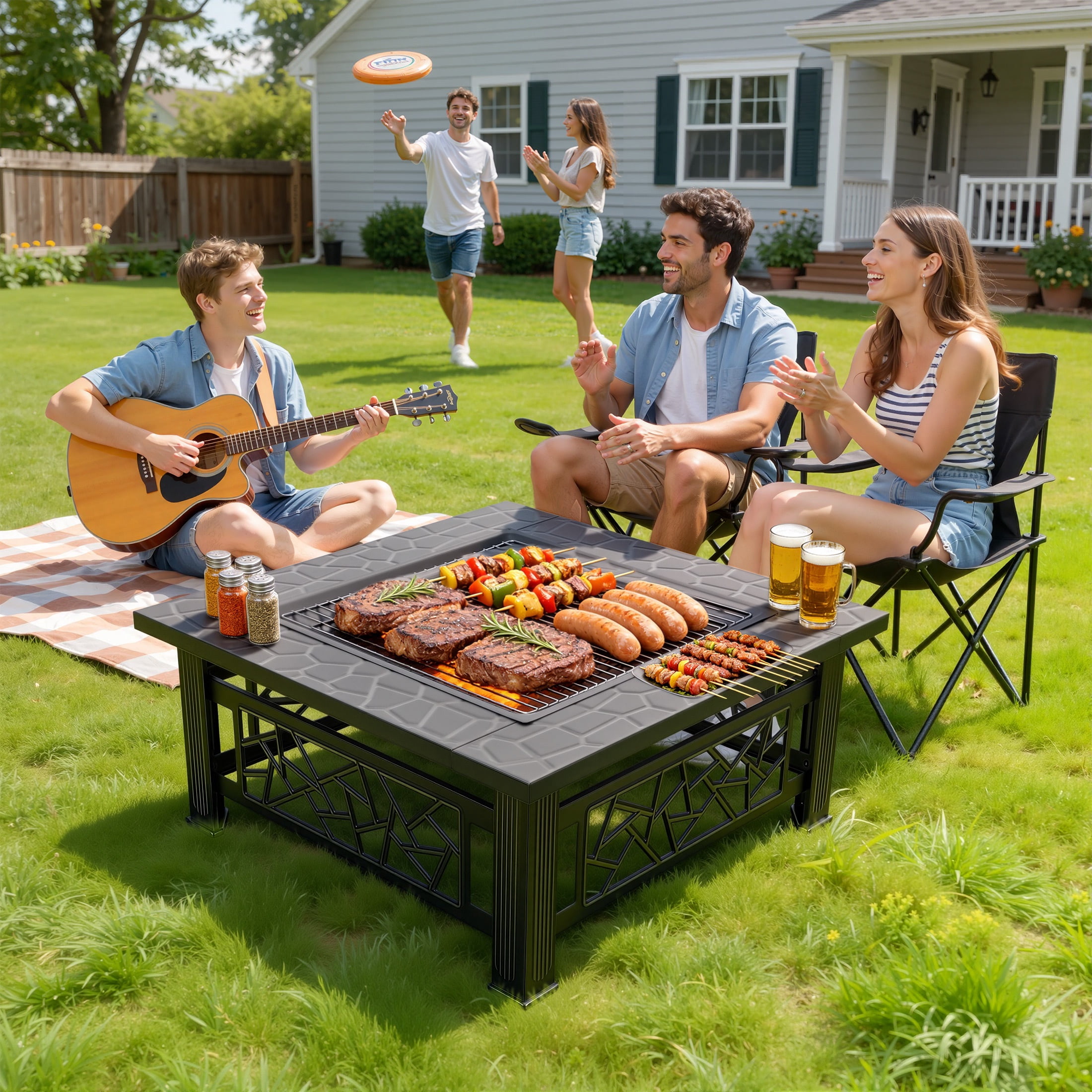 32" Fire Pit Table, UHOMEPRO 3-in-1 Outdoor Fire Pit with BBQ Grill, Mesh Lid & Cover, Modern Metal Square Wood Burning Fire Pit for Outside, Backyard, Patio & Camping