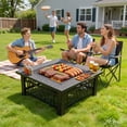thumbnail image 3 of 32" Fire Pit Table, UHOMEPRO 3-in-1 Outdoor Fire Pit with BBQ Grill, Mesh Lid & Cover, Modern Metal Square Wood Burning Fire Pit for Outside, Backyard, Patio & Camping, 3 of 14