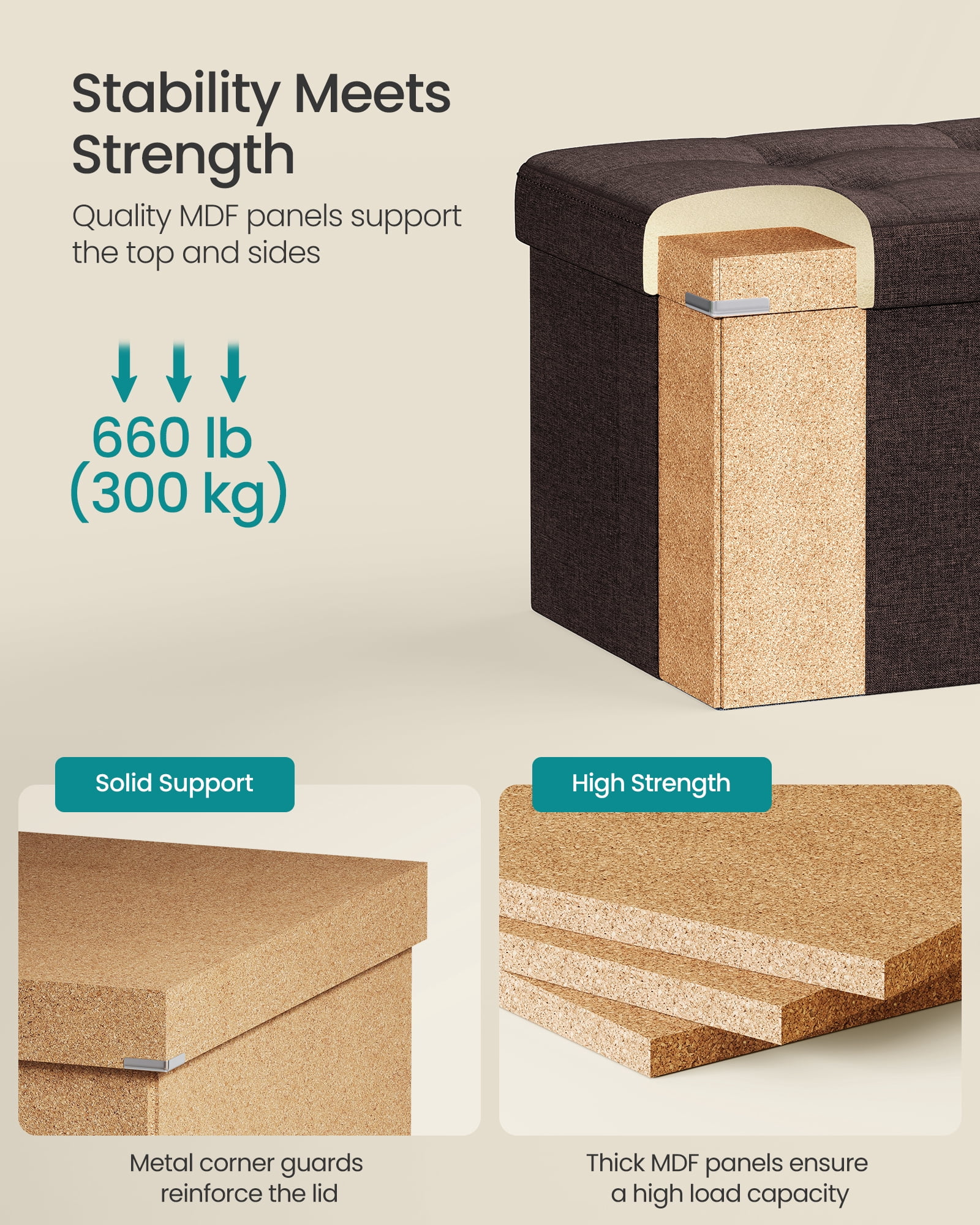 SONGMICS Storage Ottoman Bench, 15 x 43 x 15 Inches, Ottoman with Storage, End of Bed Bench, for Living Room, Bedroom, Chestnut Brown