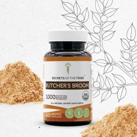 Secrets Of The Tribe Butcher's Broom Organic Capsules Dietary Supplement, Natural Herbal Capsules for Circulatory Support, Certified Organic Butcher's Broom (Ruscus aculeatus) Dried Root, 60 Capsules