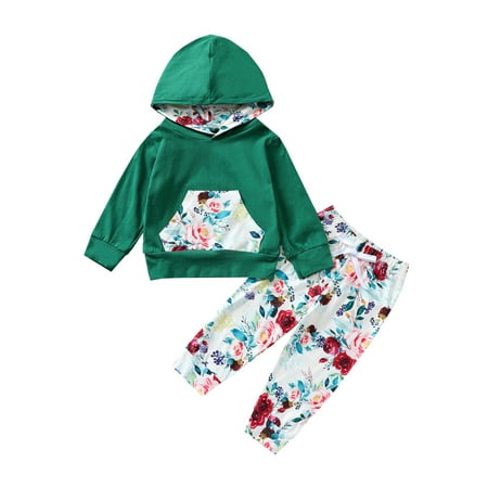 

Suanret Infant Toddler Baby Girl Hoodie Clothes Floral Long Sleeve Hooded Top+Pants 2Pcs Fall Winter Outfits Dark Green 3-4 Years