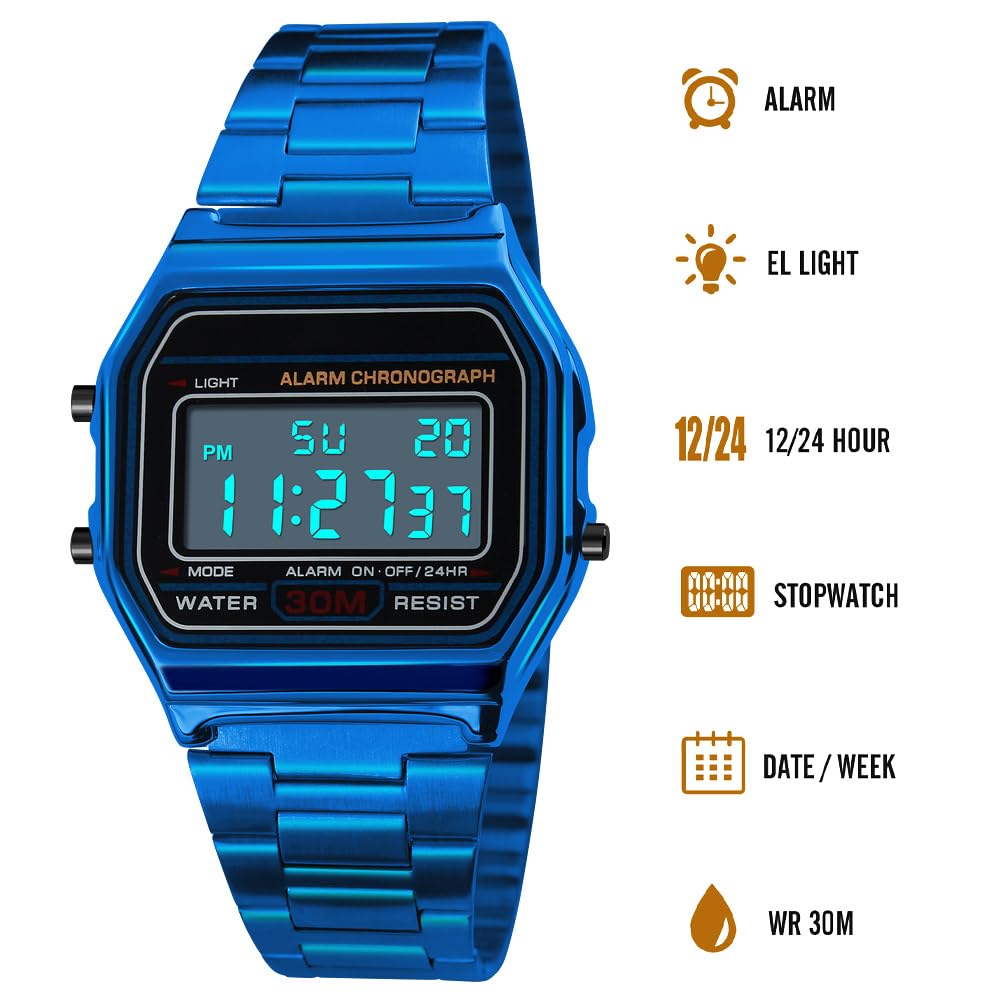 Classic Women's Digital Multifunction Sports Watch Stainless Steel Band Square Waterproof Electronic Led Watch