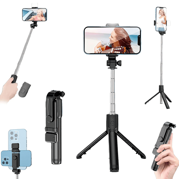 Selfie Stick with Rechargeable Remote & Light,Portable Cell Phone Stand Tripod for iPhone 17 16 15, 27.5" Extendable 360 Rotatable Travel Essentials Phone Tripod Stand for Video Recording