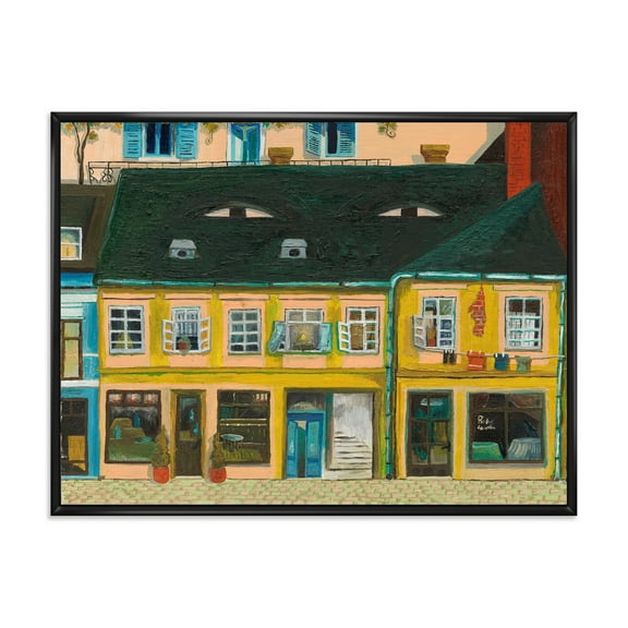 Designart 'Abstract Yellow Facade of Houses In Street In Paris' French Country Framed Canvas Wall Art Print