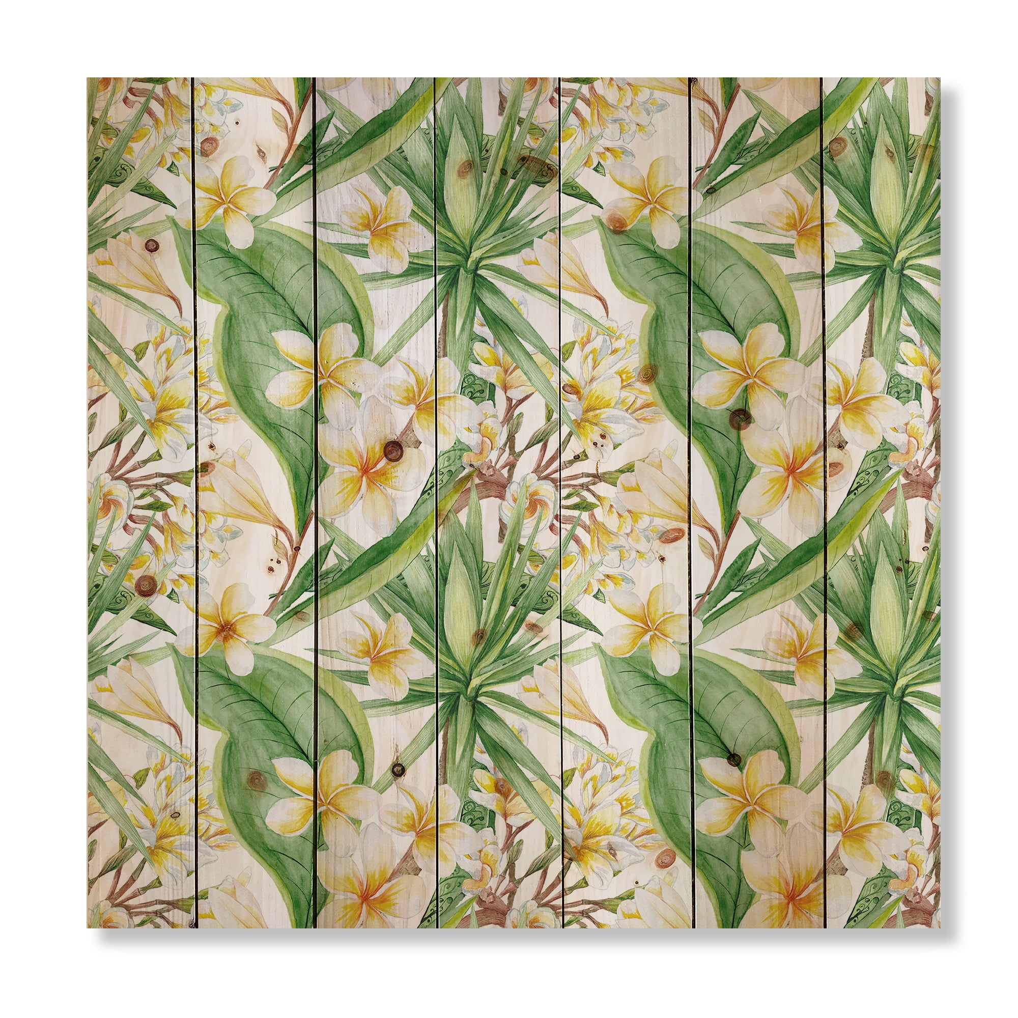 Designart 'Yellow Flowers and Tropical Foliage IX' Modern Print on Natural Pine Wood