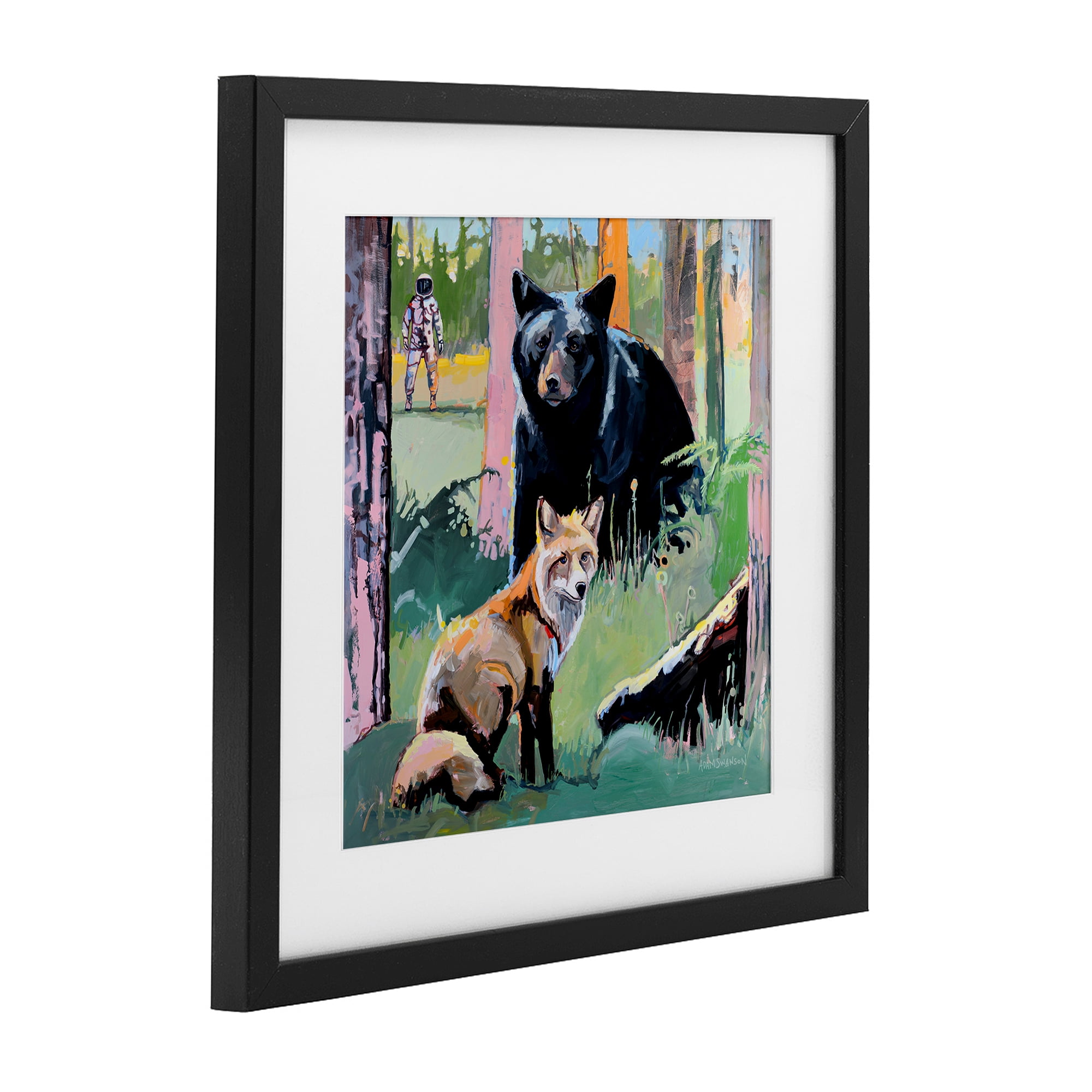 Forest Animals in Deep Space Black Framed Print Under Glass, design by Adam Swanson