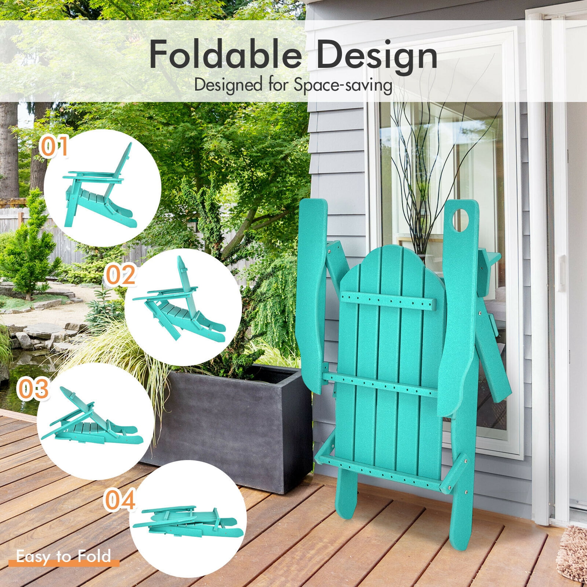 Gymax 2PCS Patio Folding Adirondack Chair Weather Resistant Cup Holder Yard Turquoise