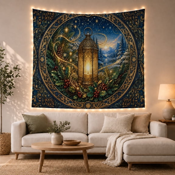 Glowing Vintage Lantern in Snowy Forest, Mystical Fantasy Style for Fantasy Art Lovers, Lantern Wall Art, Christmas Gift, Tapestry Wall Hanging for Bedroom and Living Room