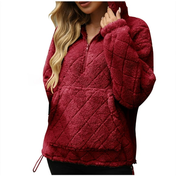 Women's Fall Half Zipper Fuzzy Fleece Hoodies Sweatshirt Long Sleeve Pullover Tops with Pocket Solid Colour Plush Sweatshirt Claret