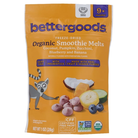 bettergoods Organic Stage 3 Freeze-Dried Smoothie Melts Baby Snacks, Coconut, Pumpkin, Zucchini, Blueberry, and Banana, 1 oz Pouch