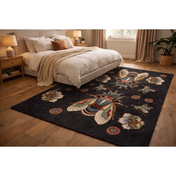 Black Tufted Rug 5x7 – Handmade Geometric Wool Area Rug for Dining Room & Bedroom | Rectangular Carpet, Bohemian Décor