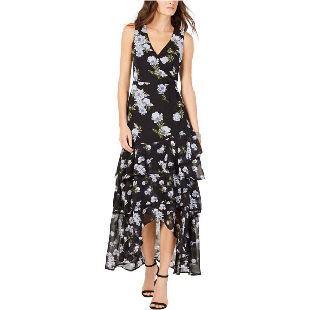 Vestido largo con dobladillo escalonado floral para mujer de INC, negro, 12 I-N-C Maxi