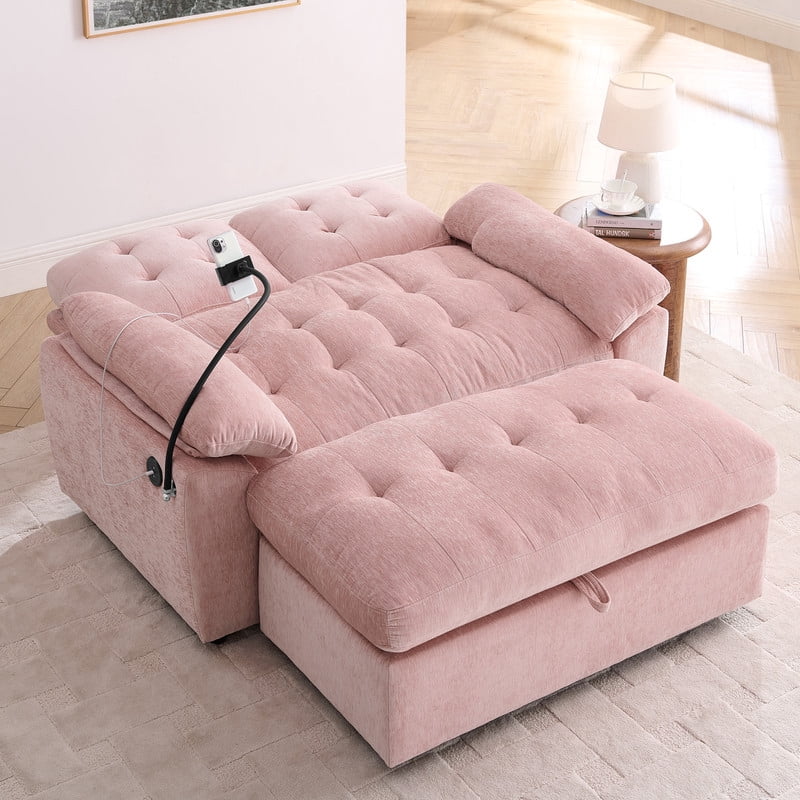 Double Sofa Recliner with Storage Ottoman, Manual Adjustable Reclining Loveseat with USB Charging Port, Phone Stand, and Soft Padded Armrests for Living Room, Apartment, and Home Theater