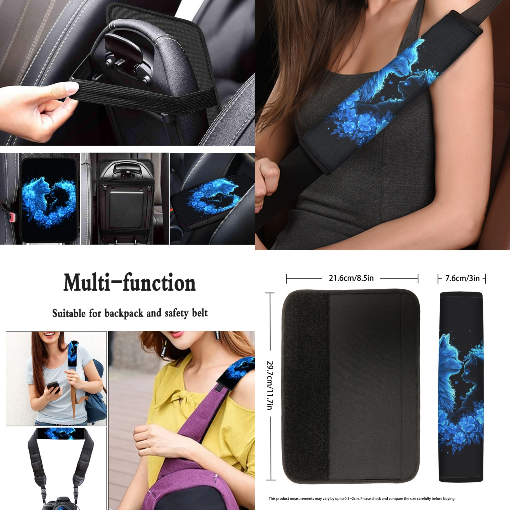Jeiento Cute Cats Car Seat Covers Full Set with Steering Wheel Cover Safe Belt Pads Coasters Center Console Cover Love Heart Keychain 13 PCS Auto Interior Sets Fit for Most Vehicles
