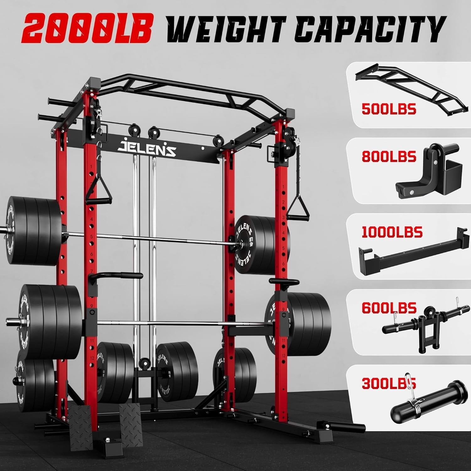 Squat Rack for Home Gym, 2000LBS Power Rack with Adjustable Pulley System, Power Cage Workout Equipment with LAT Pulldown and Training Attachment
