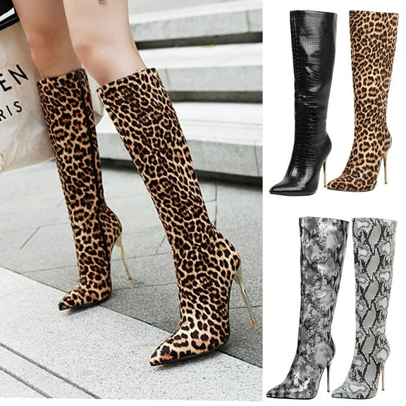 Hinvhai Women's Leopard Printed Knee Boot,Fashion Winter Classic Thin High Heels Zipper Thigh High Fashion Sexy Slouch Boot White 9.5(43)